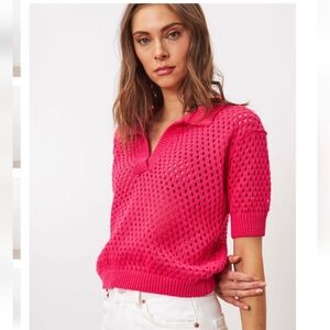 Line The Label Cotton Knit Short Sleeve Collar Top. Extra Small Hot Pink